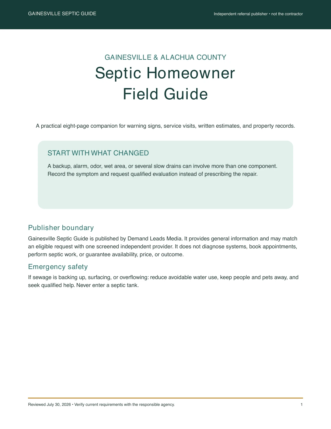 Cover of the Gainesville and Alachua County Septic Homeowner Field Guide