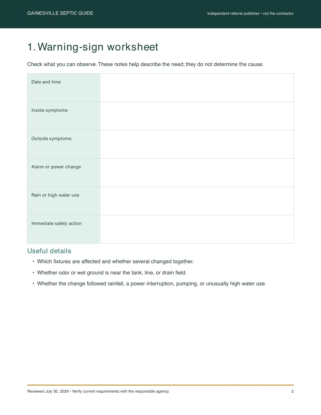 Actual service-request worksheet page from the septic field guide
